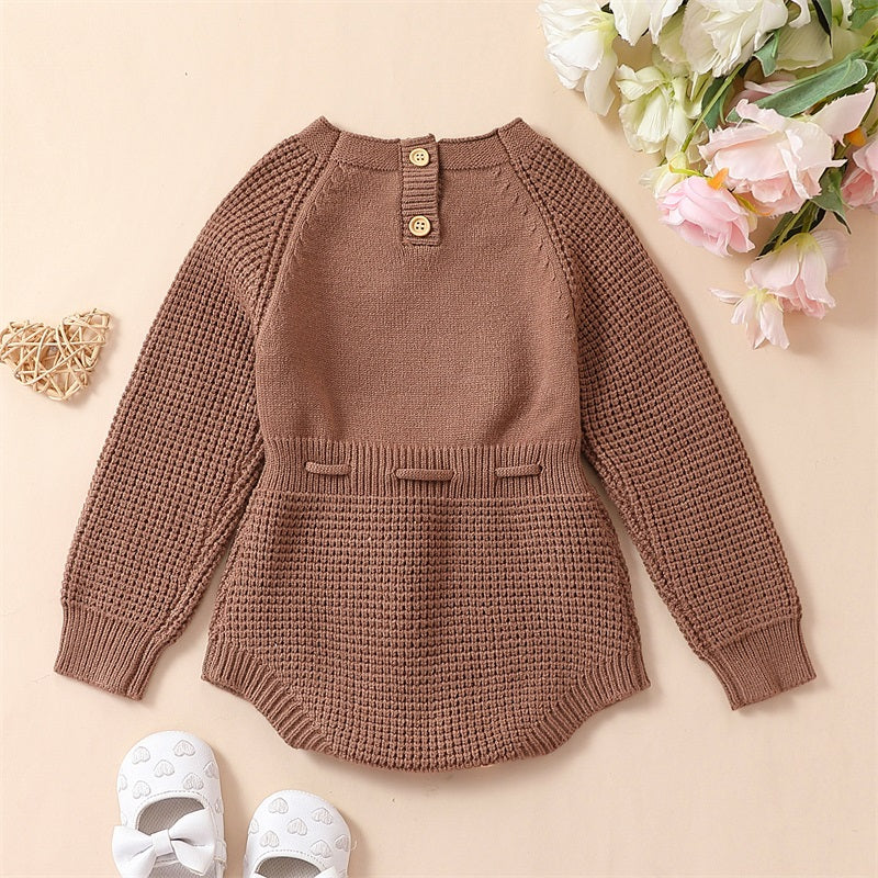 Pudcoco Infant Baby Girl Knit Jumpsuit Flower Embroidery Long Sleeve Drawstring Waist Romper.