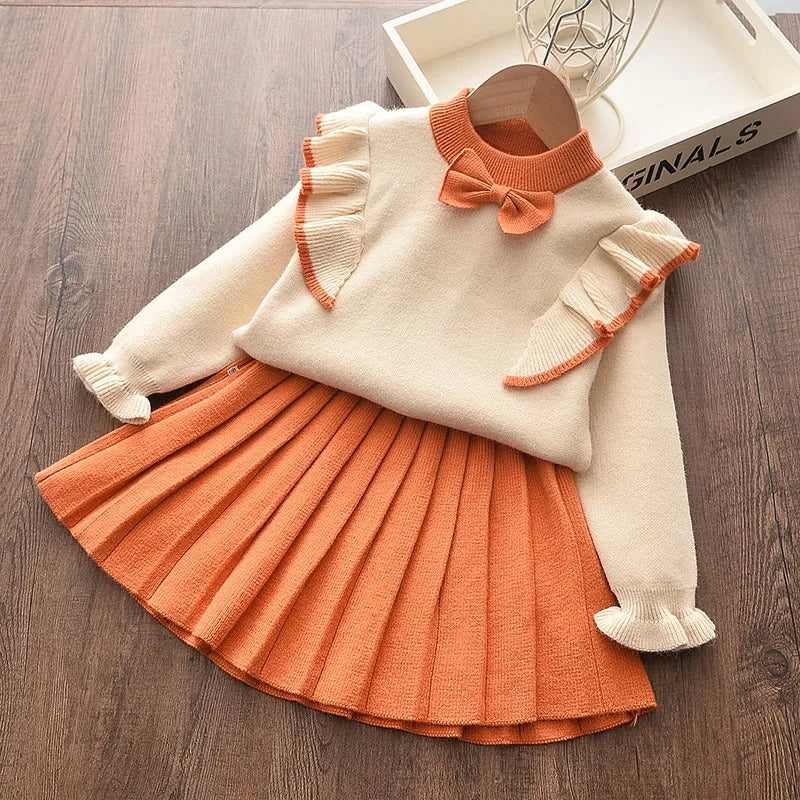Long Sleeve Knitted Embroidery Sweater + Skirt