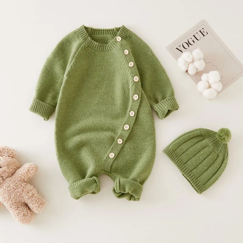 Full Sleeve Knitted Newborn Infant Boys Girls Jumpsuits Hats Outfits Sets