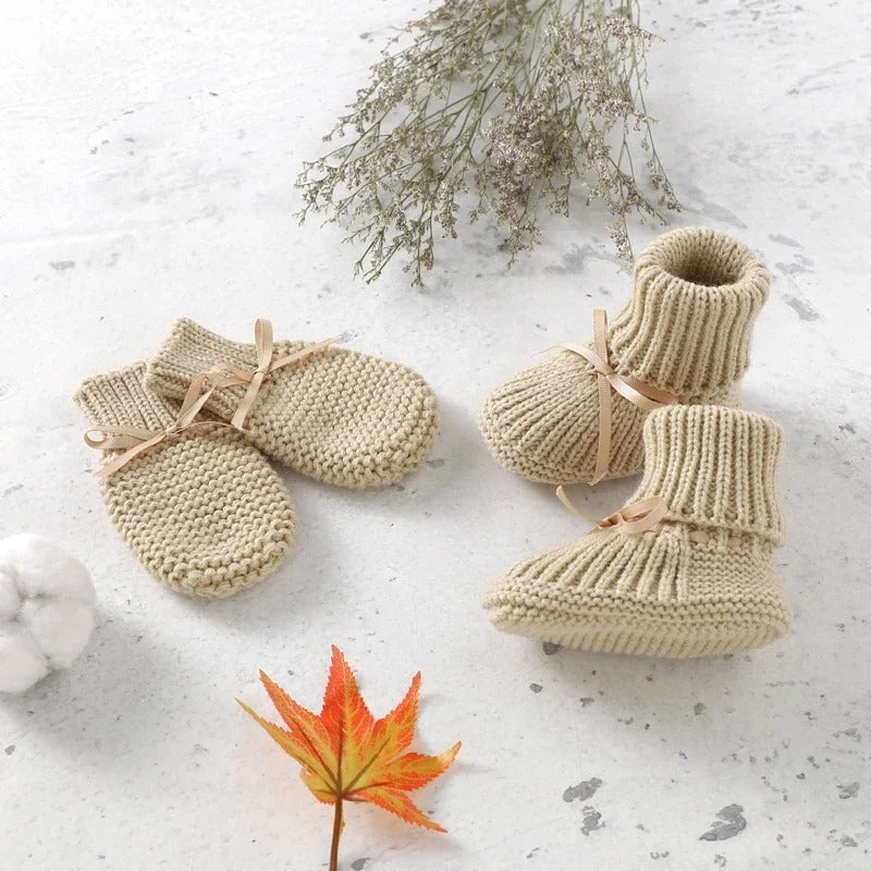Set Knitted Infant Long Sleeve Jumpsuit +Boots +Mitten Solid +Hat Toddler Clothing 4PC