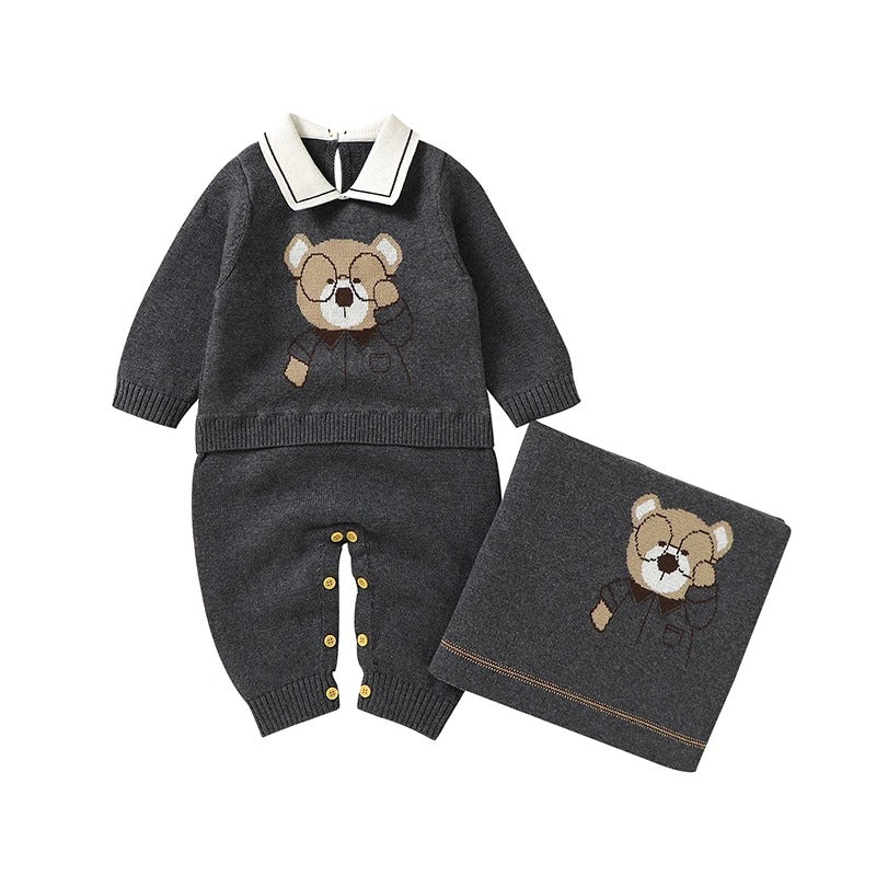 Set Cotton Knit Toddler Long Sleeve Turn-down Jumpsuit + Bed Quilt cute Bear.