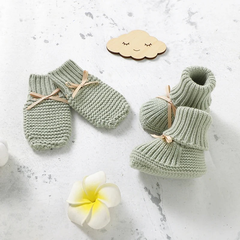Set Knitted Infant Long Sleeve Jumpsuit +Boots +Mitten Solid +Hat Toddler Clothing 4PC