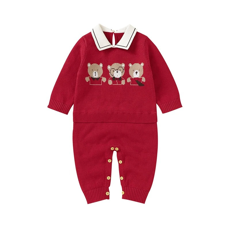 Set Cotton Knit Toddler Long Sleeve Turn-down Jumpsuit + Bed Quilt cute Bear.
