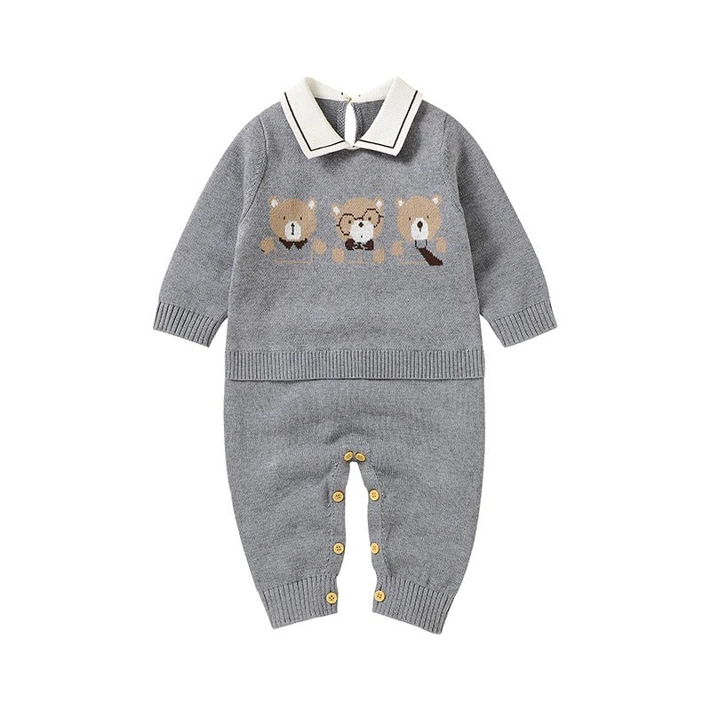 Set Cotton Knit Toddler Long Sleeve Turn-down Jumpsuit + Bed Quilt cute Bear.