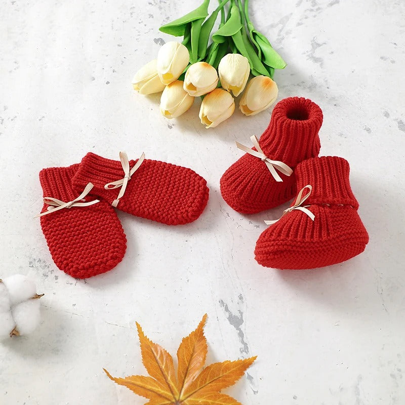 Set Knitted Infant Long Sleeve Jumpsuit +Boots +Mitten Solid +Hat Toddler Clothing 4PC