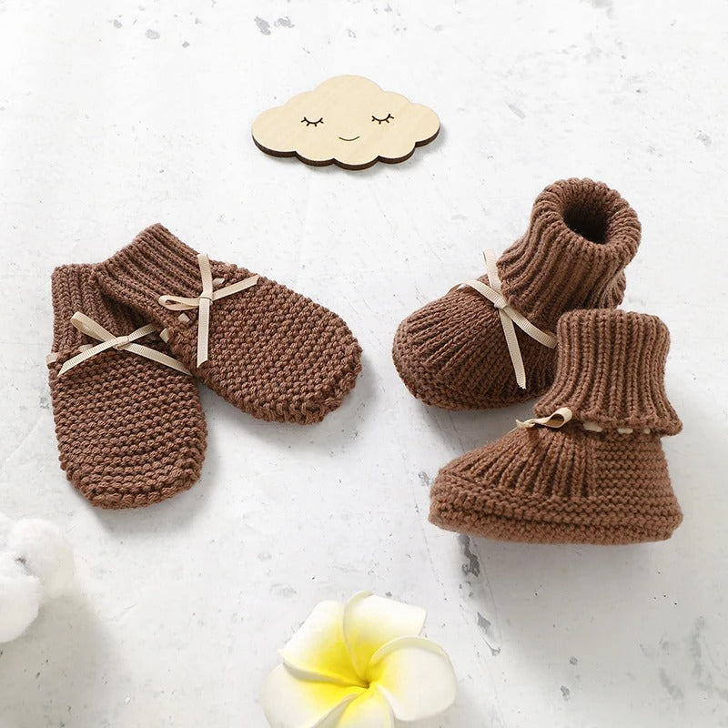 Set Knitted Infant Long Sleeve Jumpsuit +Boots +Mitten Solid +Hat Toddler Clothing 4PC
