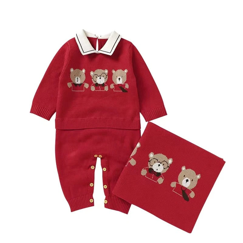 Set Cotton Knit Toddler Long Sleeve Turn-down Jumpsuit + Bed Quilt cute Bear.