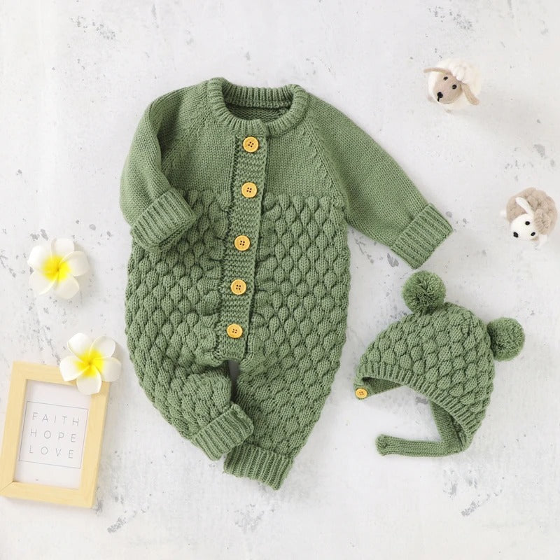 Set Knitted Infant Long Sleeve Jumpsuit +Boots +Mitten Solid +Hat Toddler Clothing 4PC