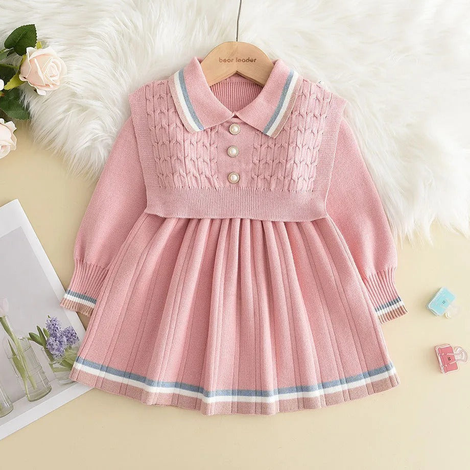 Kids Dresses Pearl Button Tricolor