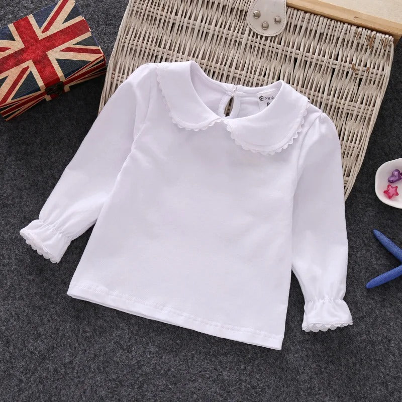 Little Girls Shirts Cotton Lace White Long Sleeve.