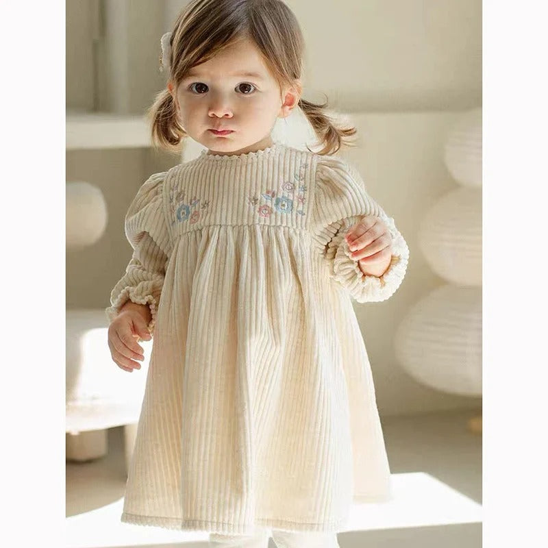 Embroidered Flowers Puff Sleeve Dress, Children's Retro Casual Loose Dresses