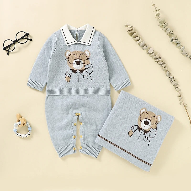Set Cotton Knit Toddler Long Sleeve Turn-down Jumpsuit + Bed Quilt cute Bear.
