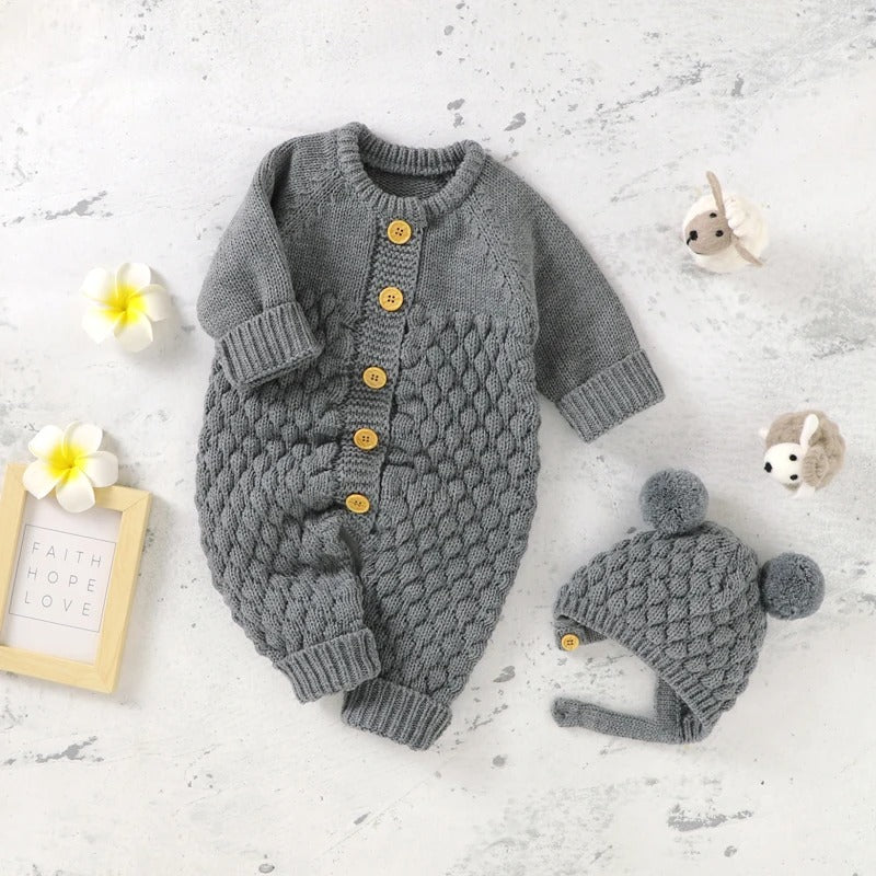 Set Knitted Infant Long Sleeve Jumpsuit +Boots +Mitten Solid +Hat Toddler Clothing 4PC