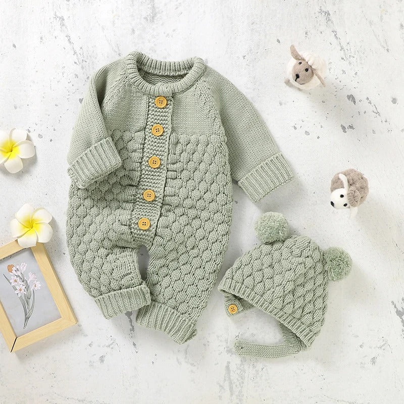 Set Knitted Infant Long Sleeve Jumpsuit +Boots +Mitten Solid +Hat Toddler Clothing 4PC