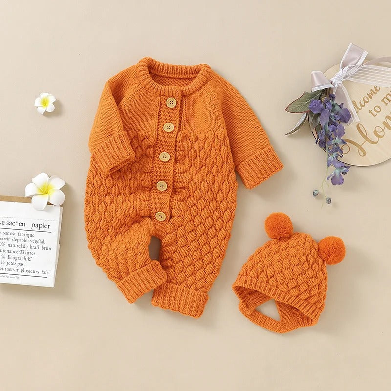 Set Knitted Infant Long Sleeve Jumpsuit +Boots +Mitten Solid +Hat Toddler Clothing 4PC
