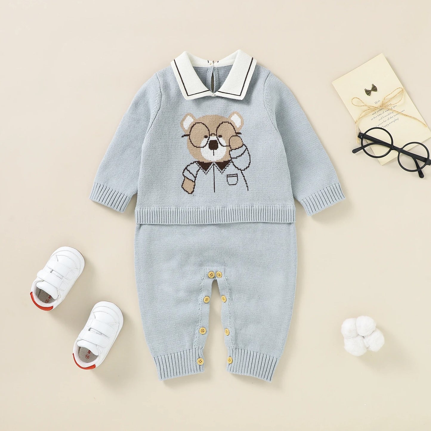Set Cotton Knit Toddler Long Sleeve Turn-down Jumpsuit + Bed Quilt cute Bear.