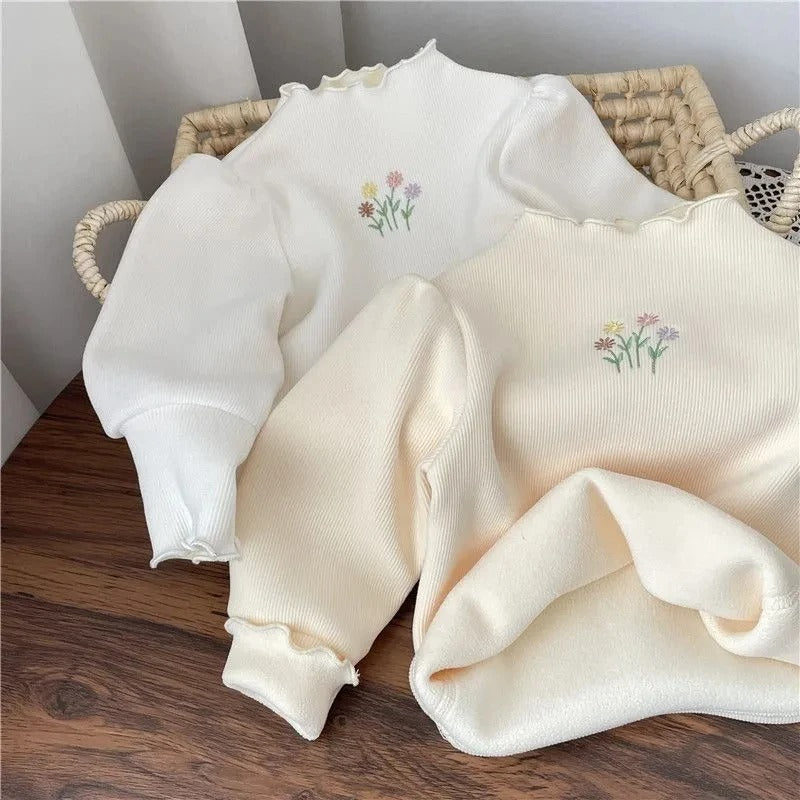 Warm Thickening Sweater Children Puff Sleeve Flower Embroidery Bottom