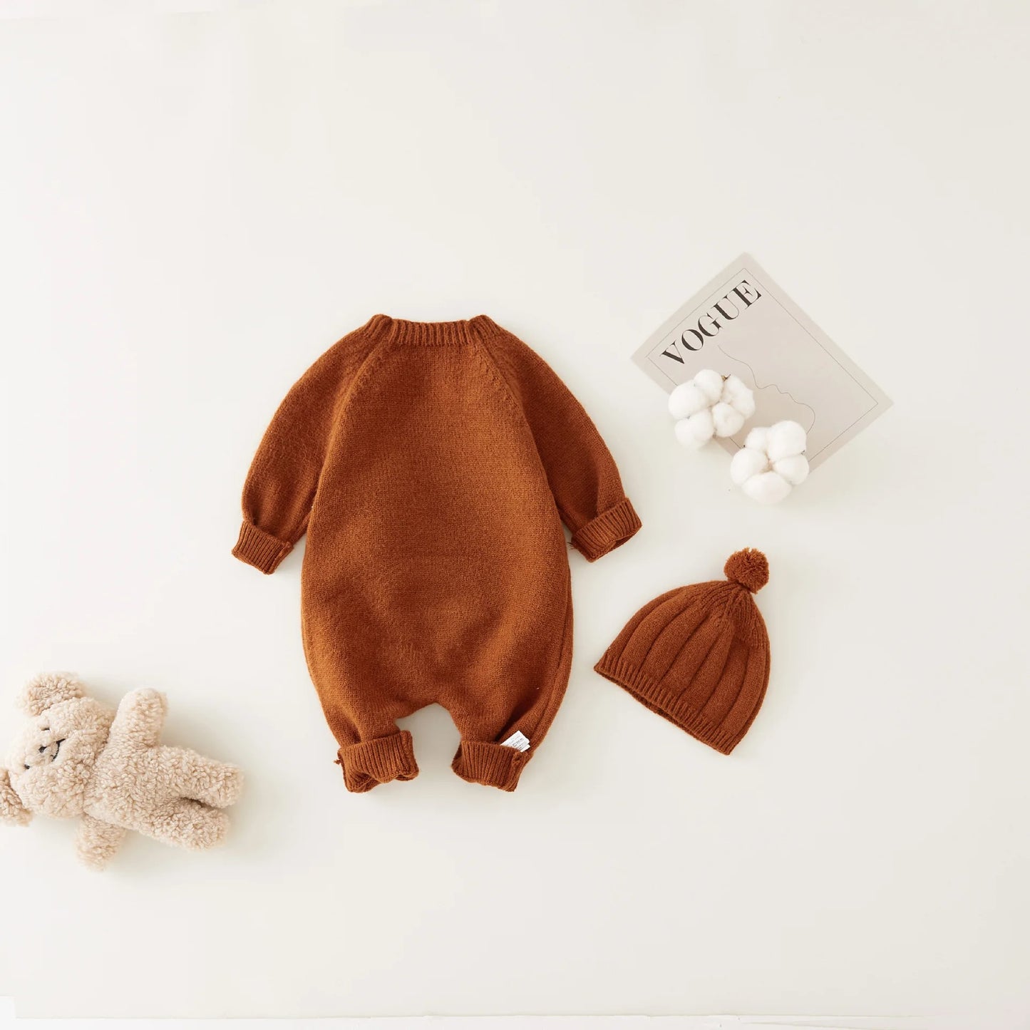 Full Sleeve Knitted Newborn Infant Boys Girls Jumpsuits Hats Outfits Sets