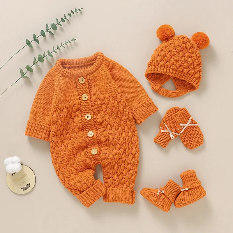 Set Knitted Infant Long Sleeve Jumpsuit +Boots +Mitten Solid +Hat Toddler Clothing 4PC