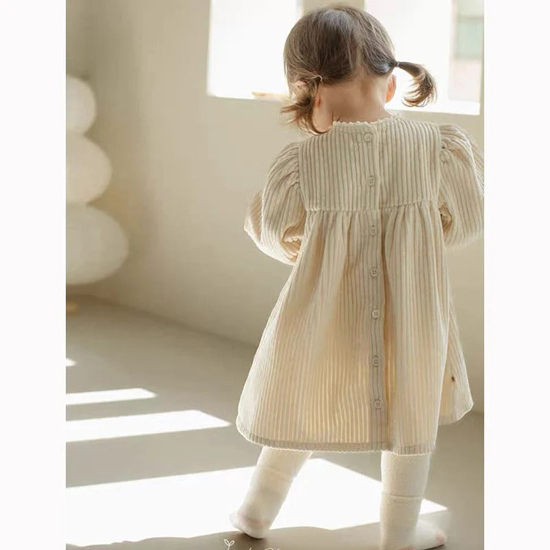 Embroidered Flowers Puff Sleeve Dress, Children's Retro Casual Loose Dresses