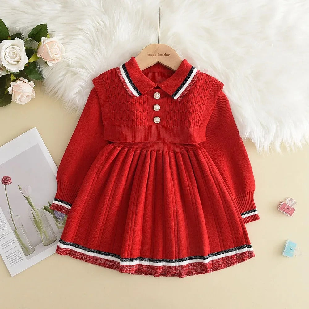 Kids Dresses Pearl Button Tricolor