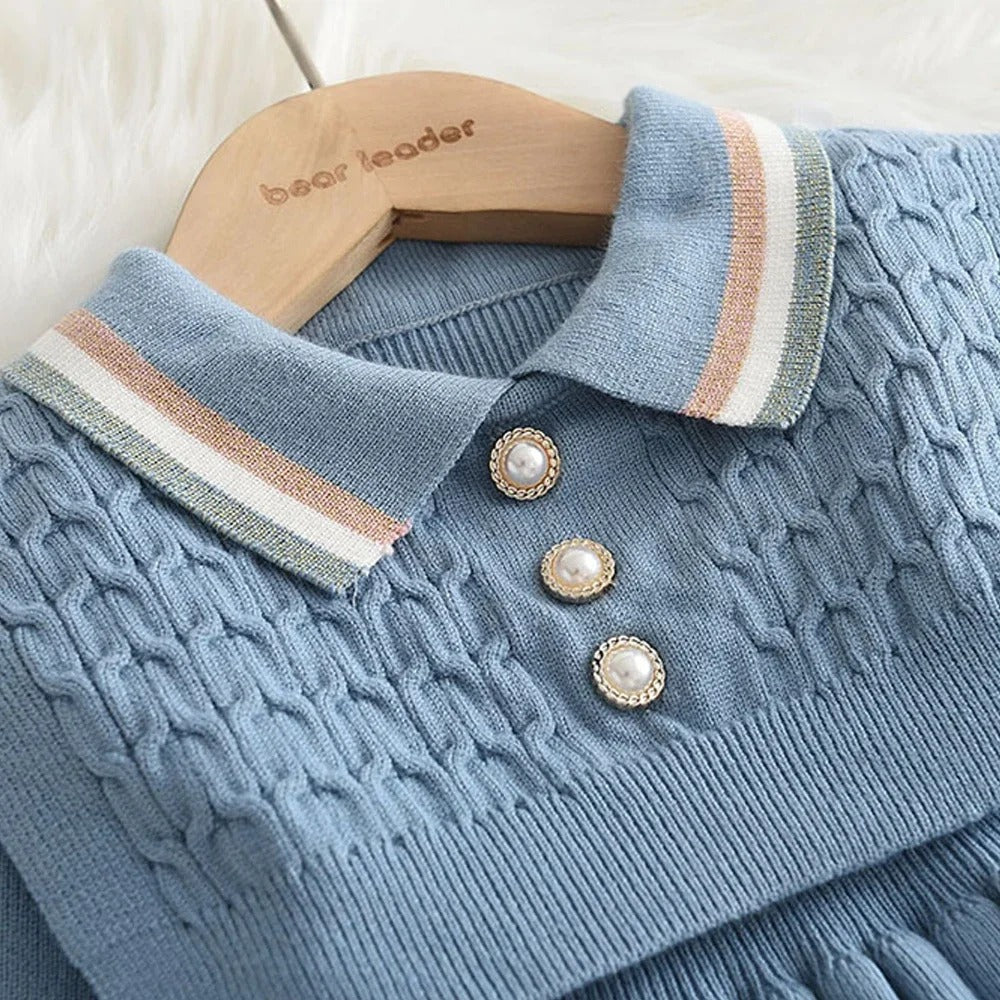 Kids Dresses Pearl Button Tricolor