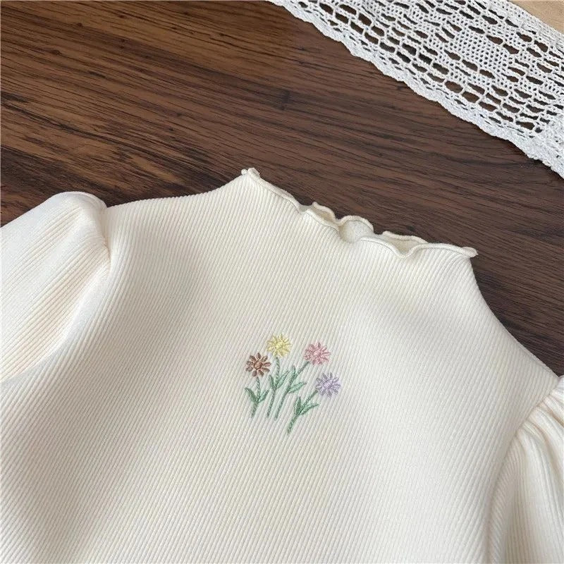 Warm Thickening Sweater Children Puff Sleeve Flower Embroidery Bottom