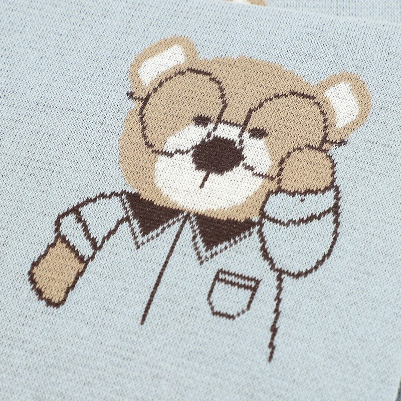 Set Cotton Knit Toddler Long Sleeve Turn-down Jumpsuit + Bed Quilt cute Bear.