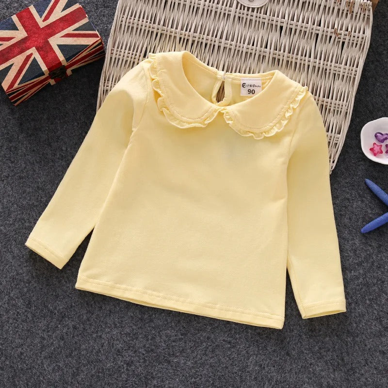 Little Girls Shirts Cotton Lace White Long Sleeve.