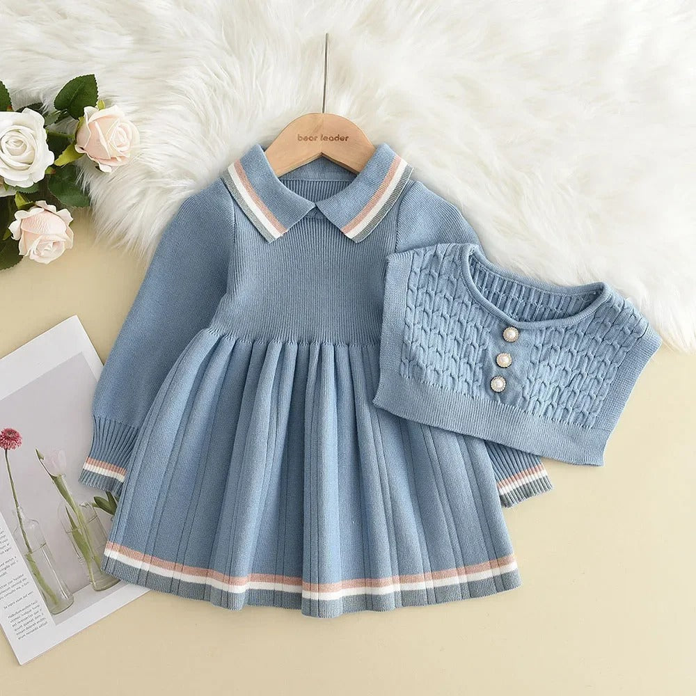 Kids Dresses Pearl Button Tricolor