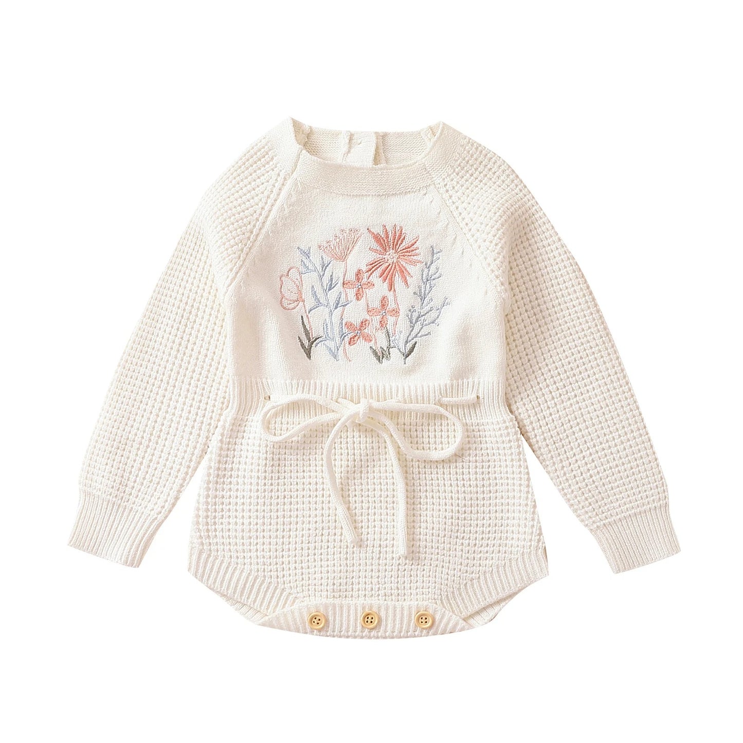 Pudcoco Infant Baby Girl Knit Jumpsuit Flower Embroidery Long Sleeve Drawstring Waist Romper.