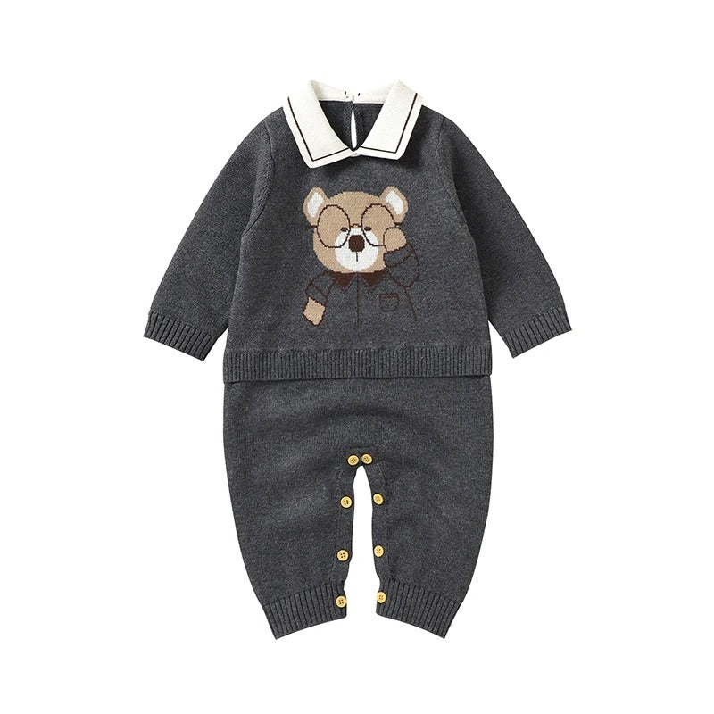 Set Cotton Knit Toddler Long Sleeve Turn-down Jumpsuit + Bed Quilt cute Bear.