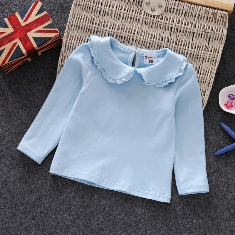 Little Girls Shirts Cotton Lace White Long Sleeve.