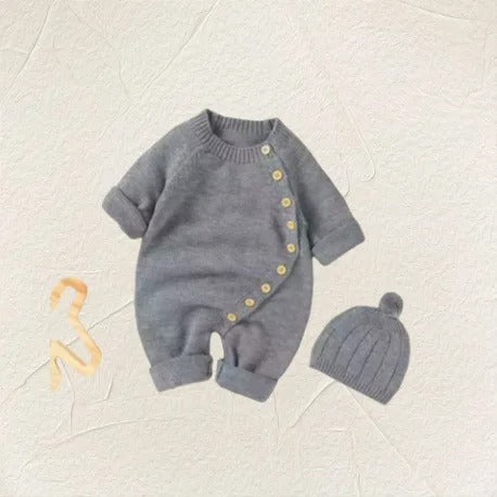 Full Sleeve Knitted Newborn Infant Boys Girls Jumpsuits Hats Outfits Sets