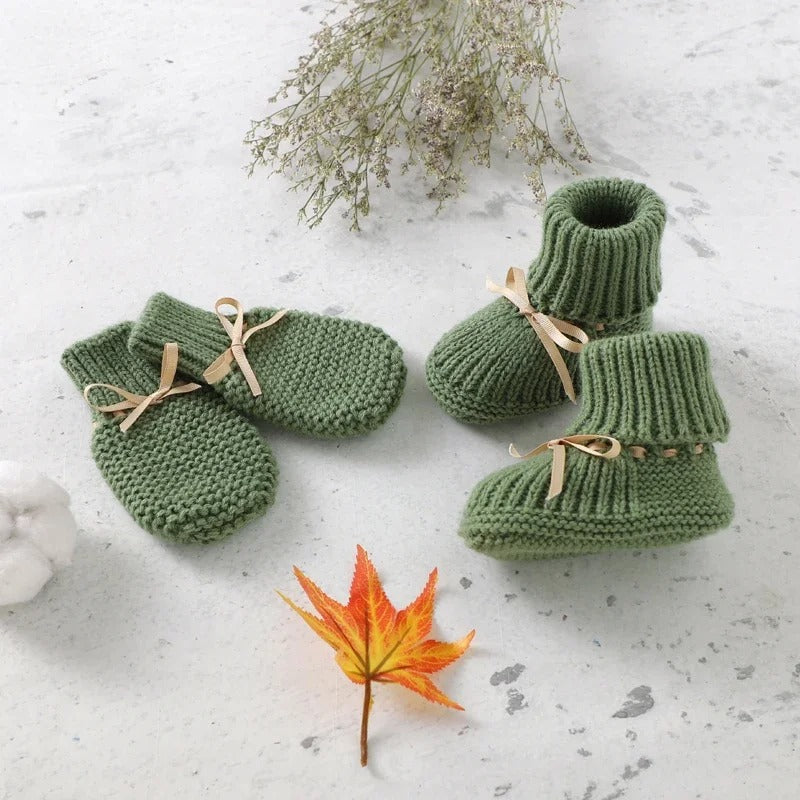 Set Knitted Infant Long Sleeve Jumpsuit +Boots +Mitten Solid +Hat Toddler Clothing 4PC