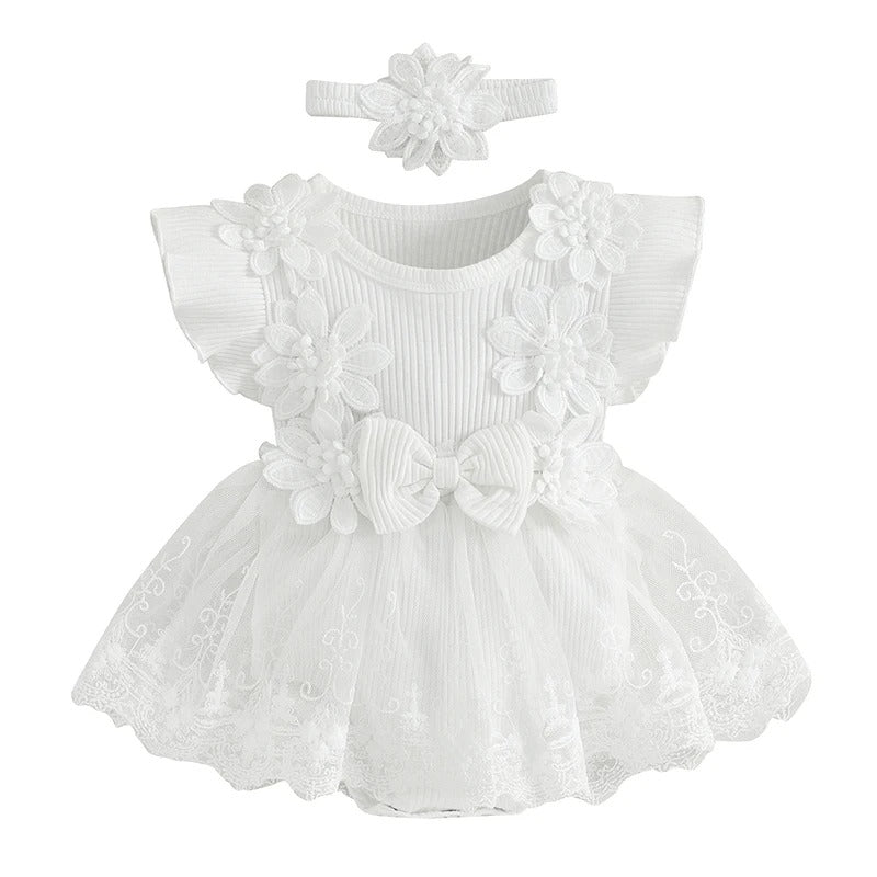 Baby Tulle Dress Romper Flowers Bodysuit Spring Summer Festival Clothes with Headband