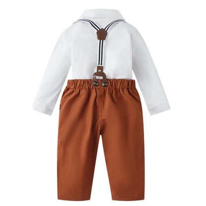 Set Solid Cotton Shirt with Pants Kid Suspender