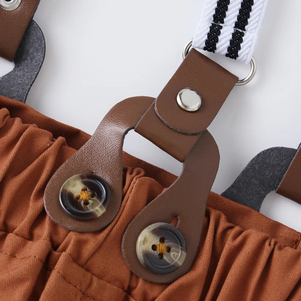 Set Solid Cotton Shirt with Pants Kid Suspender