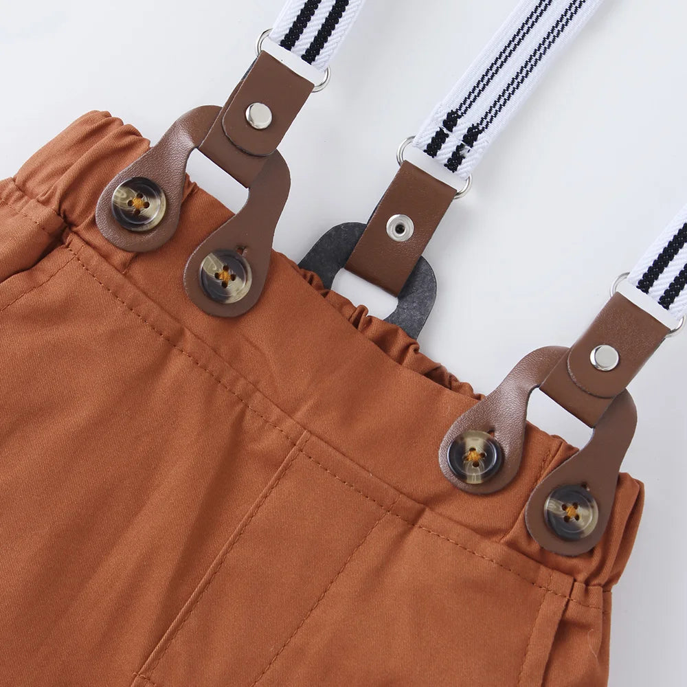 Set Solid Cotton Shirt with Pants Kid Suspender