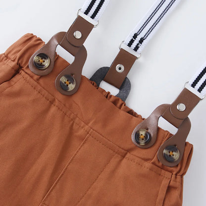 Set Solid Cotton Shirt with Pants Kid Suspender