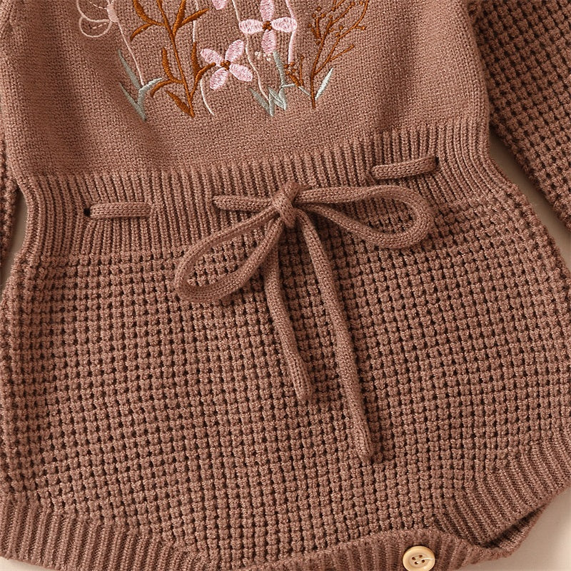 Pudcoco Infant Baby Girl Knit Jumpsuit Flower Embroidery Long Sleeve Drawstring Waist Romper.