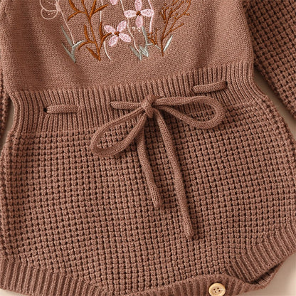 Pudcoco Infant Baby Girl Knit Jumpsuit Flower Embroidery Long Sleeve Drawstring Waist Romper.
