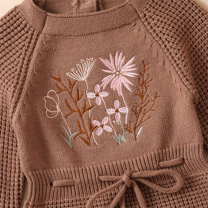 Pudcoco Infant Baby Girl Knit Jumpsuit Flower Embroidery Long Sleeve Drawstring Waist Romper.