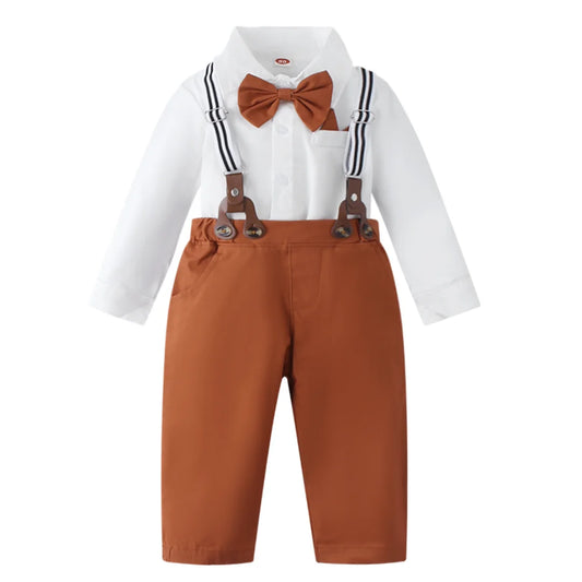Set Solid Cotton Shirt with Pants Kid Suspender