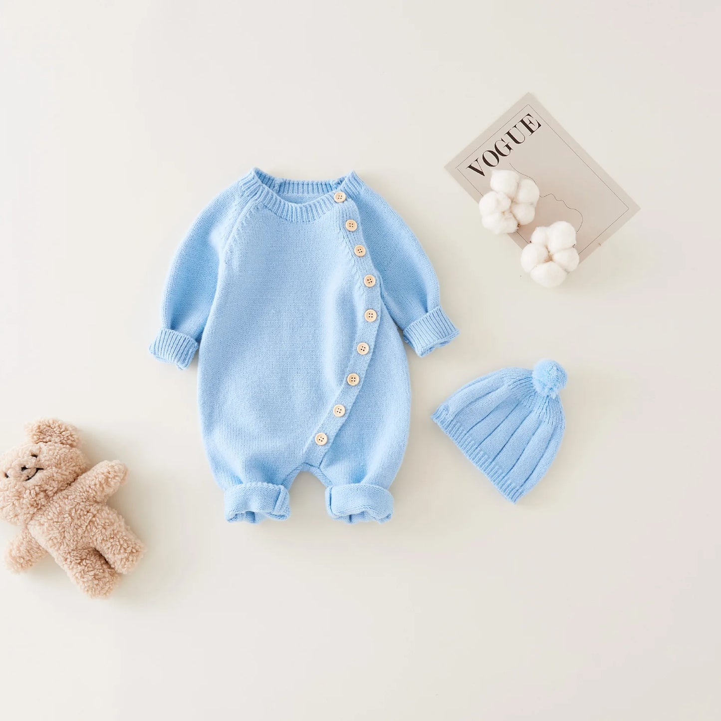 Full Sleeve Knitted Newborn Infant Boys Girls Jumpsuits Hats Outfits Sets
