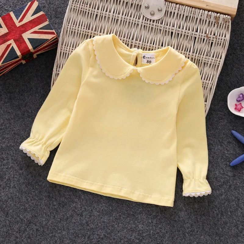Little Girls Shirts Cotton Lace White Long Sleeve.
