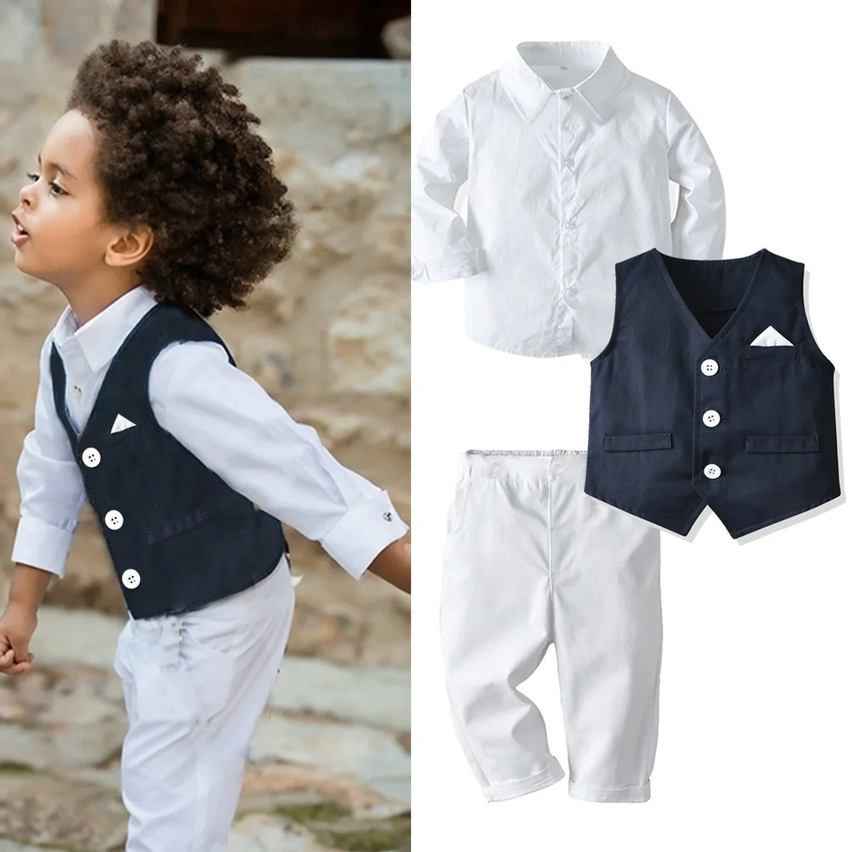 Boys Wedding Suits Striped Vest + White Shirt + Pants