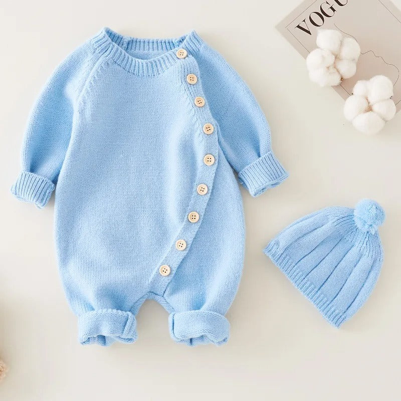Full Sleeve Knitted Newborn Infant Boys Girls Jumpsuits Hats Outfits Sets
