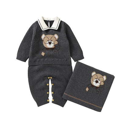 Set Cotton Knit Toddler Long Sleeve Turn-down Jumpsuit + Bed Quilt cute Bear.