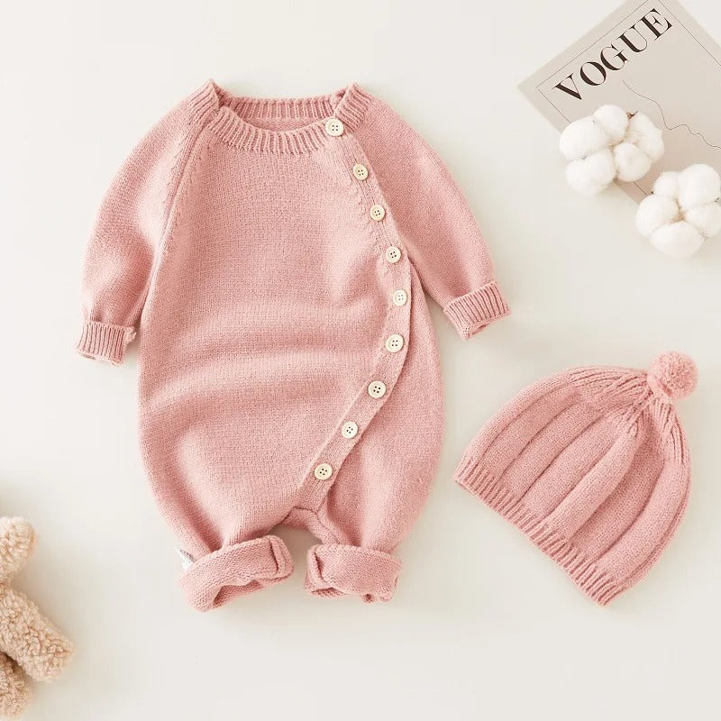 Full Sleeve Knitted Newborn Infant Boys Girls Jumpsuits Hats Outfits Sets